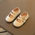 Classic cream Mary Jane shoes for girls with elegant brogue detailing and double straps - 21 / Beige