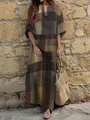 Full-length view of a vintage plaid cotton linen maxi dress in an oversized style. - S / Dresses / Brown