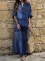 Bohemian retro blue plaid cotton linen maxi dress with loose long sleeves and V-neck - S / Dresses / Blue