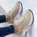 Detail view of beige breathable mesh wedge sneakers with thick air bubble sole. - 36 / Khaki
