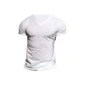 Detail view of men's plain white V-neck outdoor sports T-shirt with quick-dry fabric - M / Tops / White