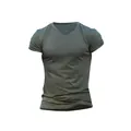 Detailed close-up view of olive green quick-dry breathable V-neck t-shirt for men - Army Green