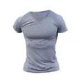 Close-up of men's grey V-neck quick-dry breathable short-sleeve outdoor athletic t-shirt - M / Tops / Light Gray