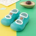 Macro detail of breathable turquoise baby walking shoes with cute cat patch. - Size 18/19 (11.5cm Inner Length) / Blue