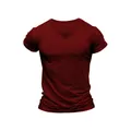 Close-up of men's slim fit V-neck t-shirt in dark red quick-dry fabric - M / Tops / Wine Red