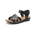 Sandalias planas cómodas de cuero genuino con brillantes para mujer en verano - Negro