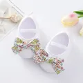 Detailed view of white baby princess shoes with colorful floral bows and soft soles - Size 11 (Inner Length 10.5CM) / White Floral Style (GZ810) / White