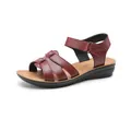 Sandalias cómodas de cuero burdeos para mujeres mayores con suela plana y blanda - Rojo