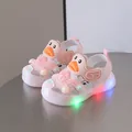 Comfortable pink toddler LED light-up sandals featuring a cute cartoon duck design - Size 26 / Duckling Style (H008) / Inner Length 15.5cm / Pink