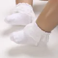 Detailed close-up of white baby lace socks with breathable mesh and elegant ruffle trim - Infant Size / Lace Princess Style / White