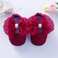 Top view of red newborn baby princess shoes with a large organza bow and lace details - Size 12 (Inner Length 11CM) / Burgundy