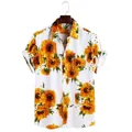 Close-up detail of vibrant sunflower digital print on a white casual men's shirt - S / Tops / White