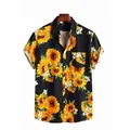 Vintage men's Hawaiian short sleeve shirt with a vibrant sunflower digital print - S / Tops / Black