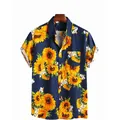 Macro view of vibrant sunflower digital print on navy blue men's Hawaiian shirt - S / Tops / Navy Blue