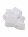 White baby socks with lace ruffles and gold embroidered cross detail - Gold Lace Cross Embroidery