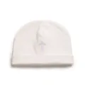 Minimalist soft white cotton knitted baby beanie hat featuring a delicate purple embroidered cross - White Embroidered Cross