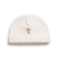 Soft white baby beanie hat featuring elegant gold embroidered cross for infants 0-2 years - Gold Embroidered Cross (Top)