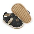 Detail view of black baby sandals with heart cutout and non-slip sole - 11cm / 80g / Black