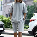 Men's loose grey terry cotton sports set with short sleeve t-shirt and shorts - M / Top And Bottom / Light Gray