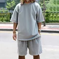 Loose grey terry cotton men's short-sleeve T-shirt and shorts set for casual outdoor wear - M / Top And Bottom / Light Gray