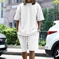 Comfortable men's oversized white short sleeve T-shirt and drawstring shorts set - M / Top And Bottom / White