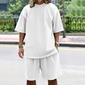 Men's oversized casual white short sleeve t-shirt and matching shorts summer outfit set - M / Top And Bottom / White