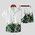 Detail view of men's summer beach set featuring tropical palm tree print on white fabric. - M / Top And Bottom / White