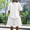 Comfortable men's white casual terry sports suit with loose fit short sleeves and shorts. - M / Top And Bottom / White
