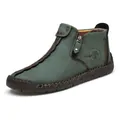 Men's green high-top casual leather shoes with breathable handmade stitching detail - 38 / Standard Style (9922) / Bag Packaging / Army Green