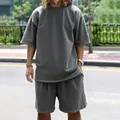 Detail view of men's vintage washed grey terry cotton oversized t-shirt and shorts set - M / Top And Bottom / Dark Gray