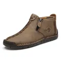 Casual men's brown leather high-top boots featuring a side zipper and decorative stitching - 38 / Standard Style (9922) / Bag Packaging / Khaki