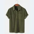 Detailed view of army green men's corduroy short-sleeved shirt with texture - Army Green