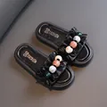 Stylish black girls' slippers with ruffled band and colorful pearl beads detail. - 26 / Black