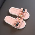 Stylish pink girl's slides featuring ruffles and colorful marble beads for summer - 26 / Pink