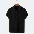 Men's casual relaxed corduroy short sleeve shirt with striped lapel and chest pocket - Black