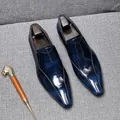 Luxury men's dark blue patina leather loafers with glossy finish and pointed toe - 36 / Blue