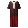 Front view of men's striped kaftan showing the intricate embroidery on the V-neckline. - M / Robe / Red