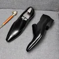Elegant men's breathable black business loafers in glossy leather finish slip-on style - 36 / Black
