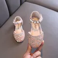 Chaussures de princesse roses pailletées pour filles avec bride en perles et strass - Rose