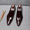 Elegant dark brown shiny leather men's business loafers with slip-on design for formal wear. - 36 / Burgundy