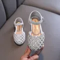 Elegant silver girl's princess shoes with pearl embellishments and chic hollow-out design. - Silver