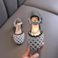 Elegant silver girl's princess shoes featuring pearl lattice hollow design and glitter - Black