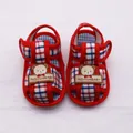 Detailed top view of red checkered baby sandals featuring a cute cartoon bear patch - Size 11 (10.5CM) / Red Checkered Style (LX006)