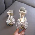 Elegantes zapatos de princesa para niña con lazo de lentejuelas y correa de perlas - Dorado