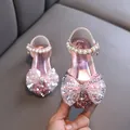 Zapatos de princesa rosa brillantes para niñas con lazo grande y perlas - Rosa