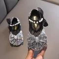 Elegant silver sparkly girls Mary Jane shoes with pearl strap and bow detail for party - 21 / Black