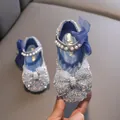 Sparkling silver girls princess shoes with blue bow and pearl strap for parties - 21 / Blue