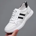 Breathable men's white sneakers in genuine leather mesh with invisible height increase - 37 / White Mesh Flat