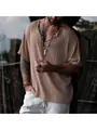Camicia da uomo ampia in cotone marrone chiaro con trama e scollo a V - Taglia S / Top / Kaki