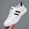 White leather height-increasing sneakers for men with black stripes and 8cm hidden heel - 37 / White Leather 8cm Height Increase